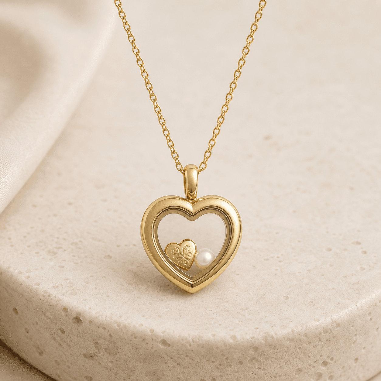 Gold heart-shaped living locket with heart and pearl charms